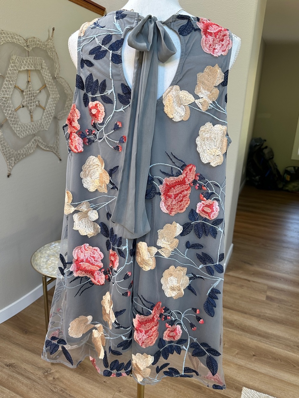ECI Gray Sleeveless A line Midi Dress with Coral & Cream Floral Embroidery - Picture 2 of 6